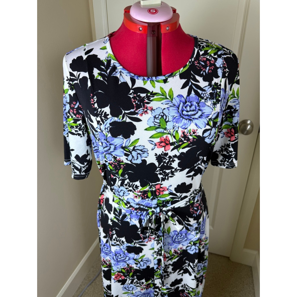 Women's Nina Leonard XL White Black Blue Pink Floral Maxi Dress
